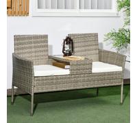 Outsunny Rattan Bench, Glass Tea Table, Wicker Chair - Grey, Grey