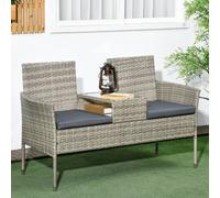 OUTSUNNY Rattan Garden Bench w/ Glass Tea Table, Patio Wicker Chair w/ Cushions in Light Grey Outsunny Light Grey