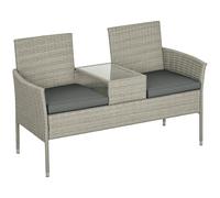 Rattan Garden Bench with Glass Tea Table, Patio Wicker Chair with Cushions Outsunny Light Grey One Size