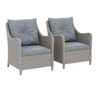 Outsunny Rattan Garden Chairs Set of 2, Outdoor Rattan Chairs with Cushions, Armrests and High Back, PE Wicker Garden Armchair with Steel Frame for Balcony, Porch, Dark Grey Light Grey
