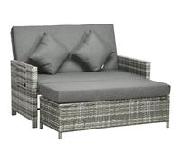 Outsunny Rattan Garden Daybed, Assembled Double Sun Lounger with 5-Level Adjustable Back, Storage Ottoman, Cushions, Pillows and Retractable Trays, Outdoor Loveseat Sofa Bed for Patio, Brown Mixed Gre