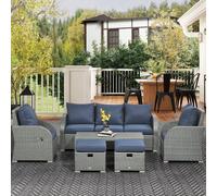 OUTSUNNY Rattan Garden Furniture Set with Recliners, Footstools in Blue Outsunny Blue