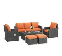 Outsunny 6pc Padded Outdoor Rattan Wicker 3-Seat Sofa Recliner Footstool Table, Orange