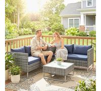 Outsunny Rattan Garden Furniture Set With Storage Table, Cushions, Dark Blue Dark Blue