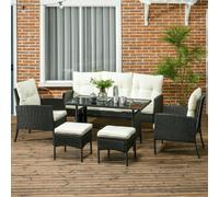 Outsunny 5 Seater Rattan Garden Furniture Set Wicker Sofa Armchairs Footstools and Glass Table Patio Rattan Sofa Sets with Cushions, Black Aosom UK