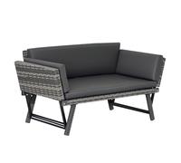 Outsunny Rattan Garden Sofa Bed with Adjustable Armrests, 2-in-1 Convertible Couch Garden Daybed Lounger, Outdoor Folding Chaise Lounge Loveseat with Cushions for Porch, Patio, Brown Grey