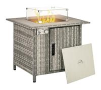 Outsunny Rattan Gas Fire Pit Table, 14.5 KW Square Smokeless Propane Gas Fire Pit with Rain Cover, Wind Guard,