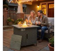 Outsunny Rattan Gas Fire Pit Table With Rain Cover, Wind Guard, 14.5 Kw In Grey Grey