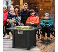 Outsunny Outdoor PE Rattan Gas Fire Pit Table, Patio Square Propane Heater with Marble Desktop, Rain Cover, Glass Windscreen, and Glass Stones, 50,000 BTU, Black, Black
