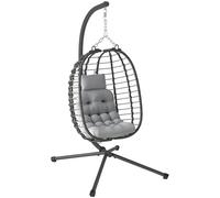Outsunny Rattan Hanging Egg Chair, Foldable Wicker Hammock Swing Chair with Cushion, Stand, Adjustable Height, Head Pillow, Steel Frame for Garden Patio Indoor Outdoor, Light Grey