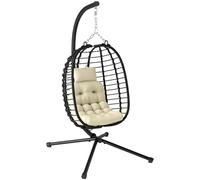 Outsunny Rattan Hanging Egg Chair, Foldable Wicker Hammock Swing Chair with Cushion, Stand, Adjustable Height, Head Pillow, Steel Frame for Garden Patio Indoor Outdoor, Cream White