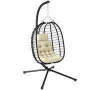 Outsunny Rattan Hanging Egg Chair, Foldable Wicker Hammock Swing Chair with Cushion, Stand, Adjustable Height, Head Pillow, Steel Frame for Garden Patio Indoor Outdoor, Cream White
