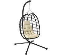 Outsunny Rattan Hanging Egg Chair, Foldable Wicker Hammock Swing Chair with Cushion, Stand, Adjustable Height, Head Pillow, Steel Frame for Garden Patio Indoor Outdoor, Cream White Cream