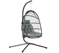 Outsunny Rattan Hanging Egg Chair with Stand, Cushion, Dark Grey, Grey