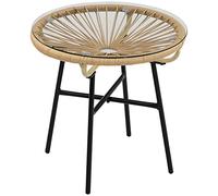 Outsunny Rattan Side Table, Round Outdoor Coffee Table, with Round PE Rattan and Tempered Glass Tabletop for Patio, Garden, Balcony, Beige