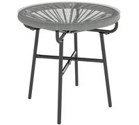 Outsunny Rattan Side Table, Round Outdoor Coffee Table, with Round PE Rattan and Tempered Glass Tabletop, Light Grey