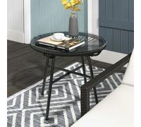 Outsunny Rattan Side Table, Round Outdoor Coffee Table, with Round PE Rattan and Tempered Glass Tabletop for Patio, Garden, Balcony, Black