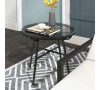 Outsunny Rattan Side Table W/ Tempered Glass Tabletop, Black Black