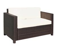 Outsunny Rattan Sofa, 2 Seater Garden Furniture with Soft Padded Cushion and Armrests, Wicker Garden Loveseat for Patio, Navy Blue Brown