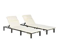 Outsunny Rattan Sun Lounger Set of 2, 5-Level Adjustable Garden Lounger Recliner with Cushion and Headrest, Outdoor Reclining Sunbed, Steel Frame Garden Chair for Patio, Beach, Terrace, Cream White Cr