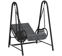 Outsunny Rattan Swing Chair, Outdoor Garden Hanging Swing Seat with Stand and Seat Cushion, Porch Hanging Chair for Balcony, Garden, Deck, Dark Grey