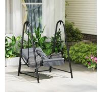 Outsunny Rattan Swing Chair, Outdoor Garden Hanging Swing Seat with Stand and Seat Cushion, Porch Hanging Chair for Balcony, Garden, Deck, Light Grey