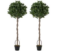 Outsunny Realistic Lush Topiary Ball Tree, Artificial Bay Laurel Topiary Trees with Weighted Pot, Set of 2, Green