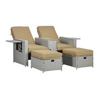 Outsunny Recliner Rattan Sun Lounger w/ Storage Tea Table & Footstools, Beige