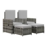 Outsunny Recliner Rattan Sun Lounger w/ Storage Tea Table & Footstools - Grey | TJ Hughes