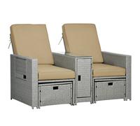 Outsunny Recliner Rattan Sun Lounger w/ Storage Tea Table & Footstools - Beige | TJ Hughes
