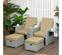 Outsunny Recliner Rattan Sun Lounger w/ Storage Tea Table & Footstools - Beige | TJ Hughes