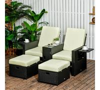 Outsunny Storage Tea Table and Footstools Rattan Sun Lounger - Black