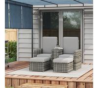 OUTSUNNY Recliner Rattan Sun Lounger w/ Storage Tea Table & Footstools in Grey Outsunny Grey