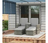Outsunny Recliner Rattan Sun Lounger w/ Storage Tea Table & Footstools, Grey
