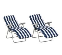 Outsunny Reclining Garden Chair Set of 2, 5-Level Adjustable Zero Gravity Chairs with Cushions, Folding Sun Lounger Garden Recliner Chairs with Armrests for Outdoor, Patio, Blue Stripe Blue