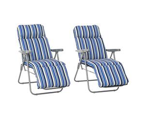 Outsunny Reclining Garden Chair Set of 2, 5-Level Adjustable Zero Gravity Chairs with Cushions, Folding Sun Lounger Recliner with Armrests for Outdoor, Patio, Blue Stripe