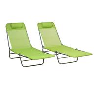 Outsunny Reclining Sun Lounger, Set of 2, Folding Outdoor Day Bed with Pillow, Steel Frame, Breathable Mesh, Green Aosom UK