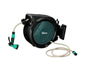 Outsunny Retractable Hose Reel Wall Mounted, 30+2m Garden Hose Pipe Reel with Lock, Auto Rewind, 7 in 1 Spray Nozzle, Includes Wall Fixings, 180° Swivel, Outdoor Watering, 59 x 23 x 42 cm, Green