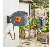 Outsunny Retractable Hose Reel Wall Mounted, 40+2m Garden Hose Pipe Reel with Auto Retraction, Self-Locking, Slow Return System, 180° Swivel Bracket, 2 Patterns Nozzle and Faucet Adaptors, Orange