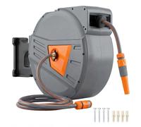 Outsunny Retractable Hose Reel Wall Mounted Auto Retraction 40+2m Orange | Garden Hose Pipe Reel, Self-Locking, Slow Return System, 180° Swivel Bracket, 2 Patterns Nozzle, Faucet Adaptors