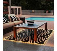 Outsunny Reversible Outdoor Rug with LED String Lights, Waterproof Plastic Straw Mat with Carry Bag for Garden, Deck, RV, Picnic, Beach, Camping, 182 x 274cm, Black and Coffee