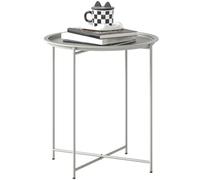 Outsunny Round Small Garden Table Removable Tray 46 x 46 x 53 cm White | Folding Legs, Metal Indoor Outdoor End Table, for Patio, Balcony, Porch