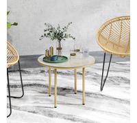 Outsunny Round Small Garden Table With Faux Marble Glass Top, Beige Beige