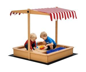 Outsunny Sand Pit Kids Wooden Sandbox with Cover Children Sandpit Play Station Height Adjustable with Canopy, Bottom Liner, Plastic Basins for Outdoor Aged 3-7 Years