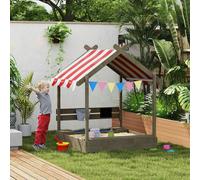 Outsunny Sand Pit with Canopy, Blackboard, Toys, Sink, Seats, Flags for Kids