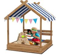 OUTSUNNY Sand Pit with Canopy, Blackboard, Toys, Sink, Seats, Flags for Kids in Brown Outsunny Brown