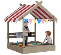 Outsunny Sand Pit Wooden Sandpit Kids Sandbox House for Outdoors, Gardens with Canopy, Liner, Blackboard, Sink, Seats, Flags, for Ages 3-7 Years - Brown