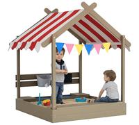 Outsunny Sand Pit with Canopy, Blackboard, Toys, Sink, Seats, Flags for Kids, Grey