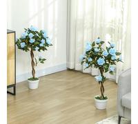 Outsunny Set of 1/2 90cm Artificial Rose Tree, Fake Decorative Plant - Light Blue and Green - 90 - Set of 2