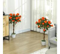 Outsunny Set of 2 90cm Artificial Rose Tree, Fake Decorative Plant, Orange, Green